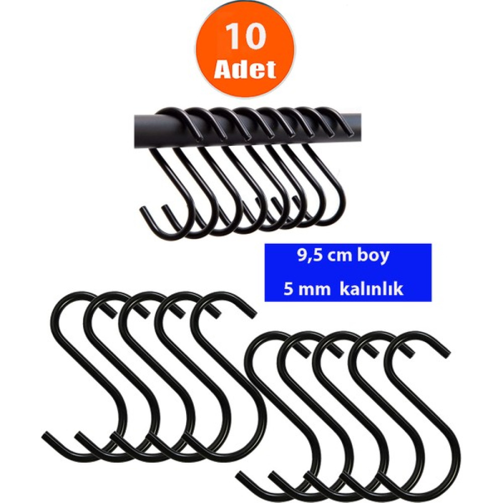 Etsylight 5x95 Siyah, Büyük Ve Kalın S Kanca, Dolap Kanca, Mutfak Kanca, Metal S Kanca, Makrome Kanca, 10 Adet Caraskal Fiyatı