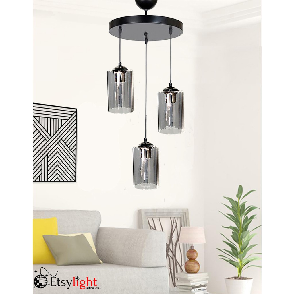 Etsylight Dora Black Füme Glass Lüx 3, Antre Avize, Salon Avize, Oturma Odası Avize, Cam Avize - 3 - Siyah Avize Fiyatı