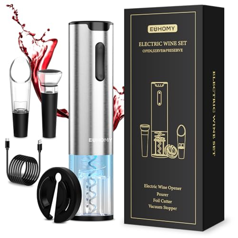 EUHOMY Electric Wine Opener Set, Wine Bottle Opener with Wine Aerator Pourer and Foil Cutter, Stainless Steel Automatic Corkscrew Opener with Wine Vacuum Stopper,Fine Set for Wine Lovers