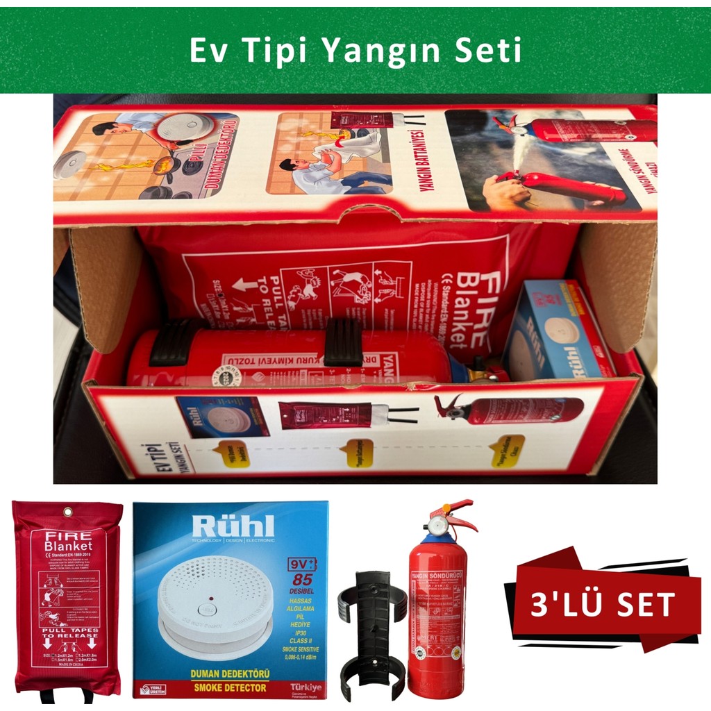 Ev Tipi Yangın Seti 1kg Mutfak Yangın Tüpü 120X120CM Yangın Battaniyesi 9V Pilli Duman Dedektörü Mutfak Yangın Seti Battaniye Fiyatı