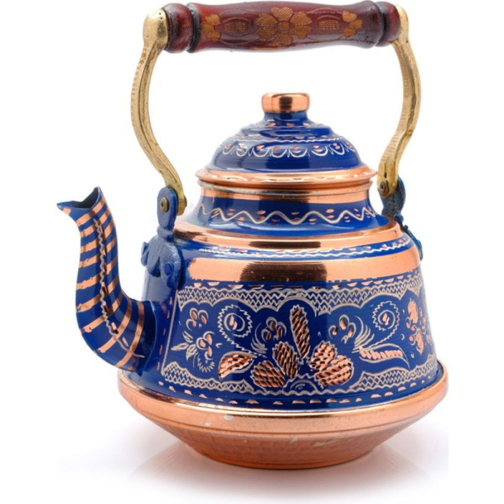 Eva Copper 1,6 Litre El Işlemeli Nostaljik Tekli Kalaylı Dövme Bakır Demlik, Çaydanlık, Su Isıtıcısı - Mavi - NO 1 Çay / Çaydanlık Setleri Fiyatı