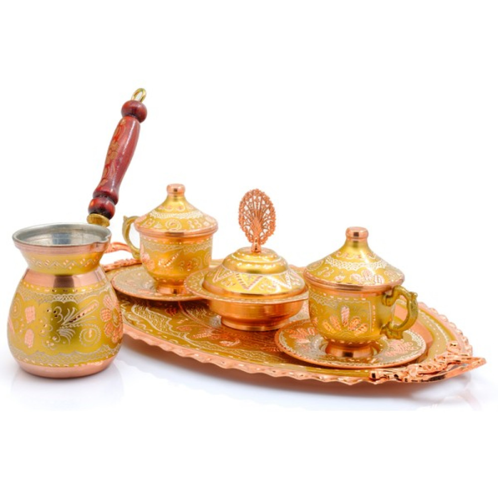 Eva Copper 2 Kişilik Işlemeli Cezveli Bakır Fincan Seti, Takımı ( Tepsi + Lokumluk + 2 Adet Fincan + Cezve ) Fincan / Bardak / Kahve Takımı Fiyatı