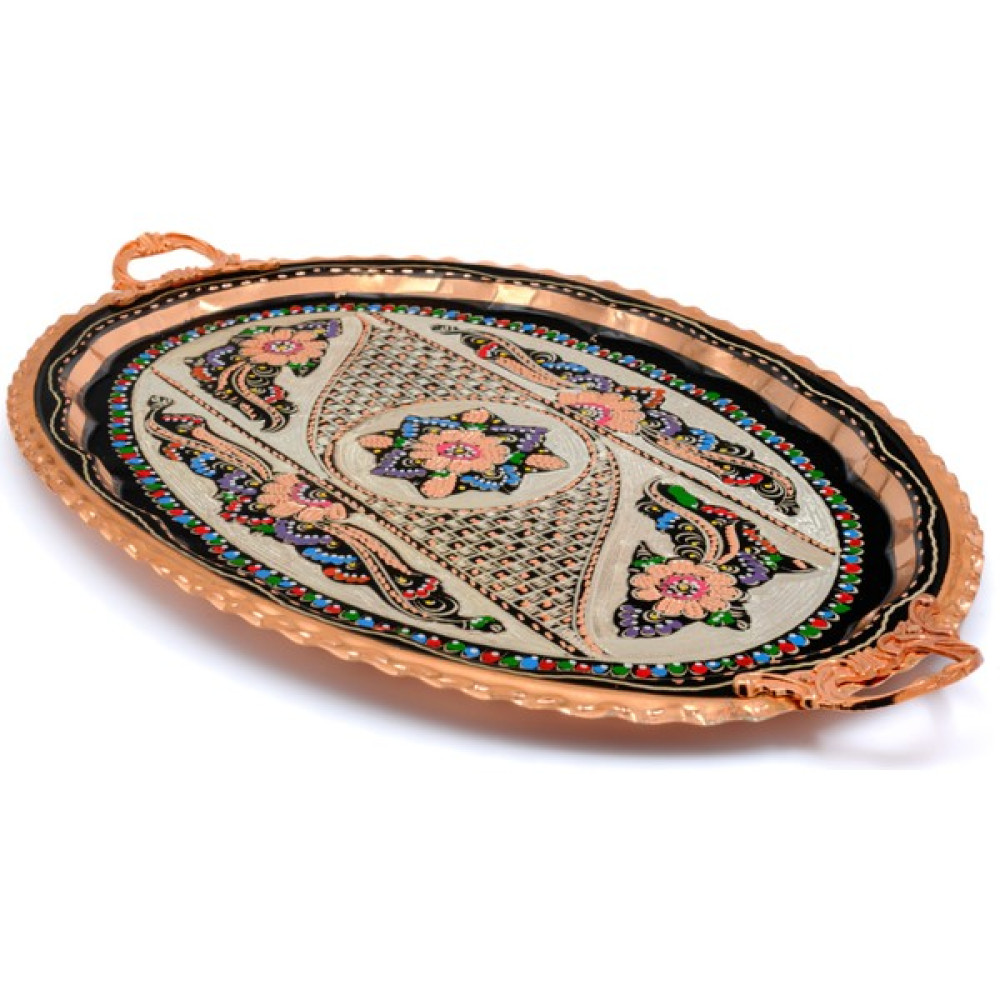 Eva Copper 23X34 cm Oval, Işlemeli, Pirinç Saplı Kalın Bakır Çay ve Kahve Sunum, Servis Tepsisi - 34 x 23 Cm - Renkli Servis Tepsisi Fiyatı