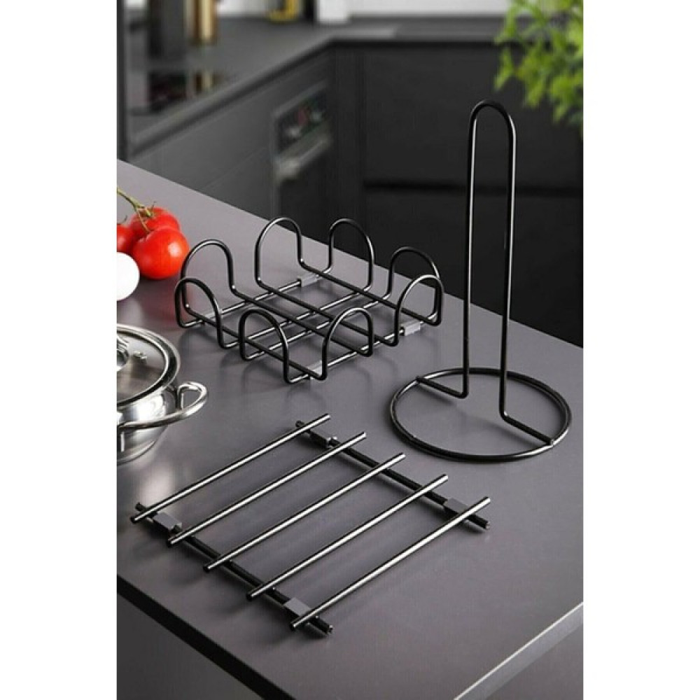 Eva Metal Tasarım 3'lü Siyah Nihale Peçetelik Havluluk Seti Black Rengi Paslanmaz Çelik Mutfak Serv - 38 x 45 cm - 10 x 13 cm Masa Örtüsü Fiyatı
