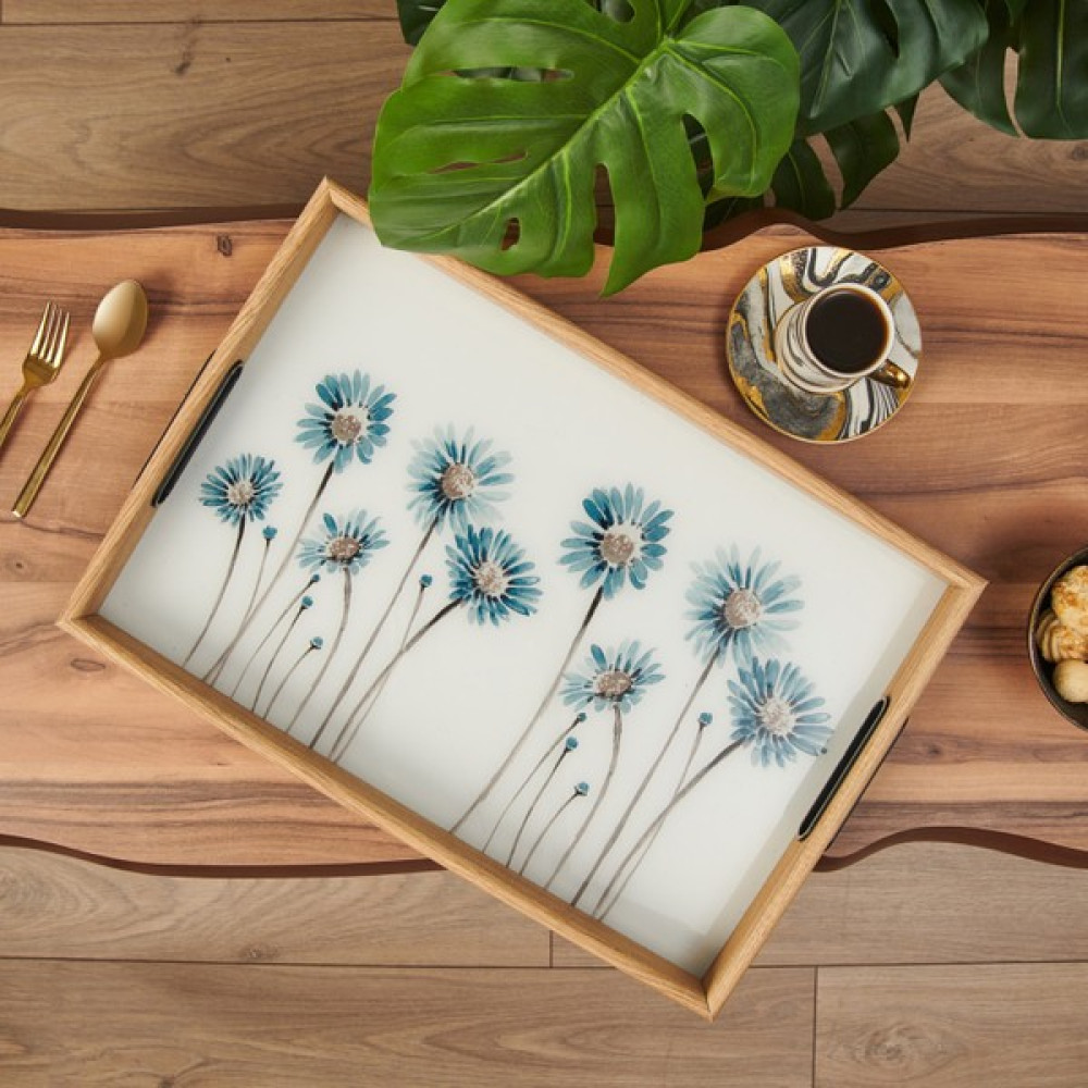 Evabella Çiçek Desenli Tepsi Mavi 31 x 46 cm Servis Tepsisi Fiyatı