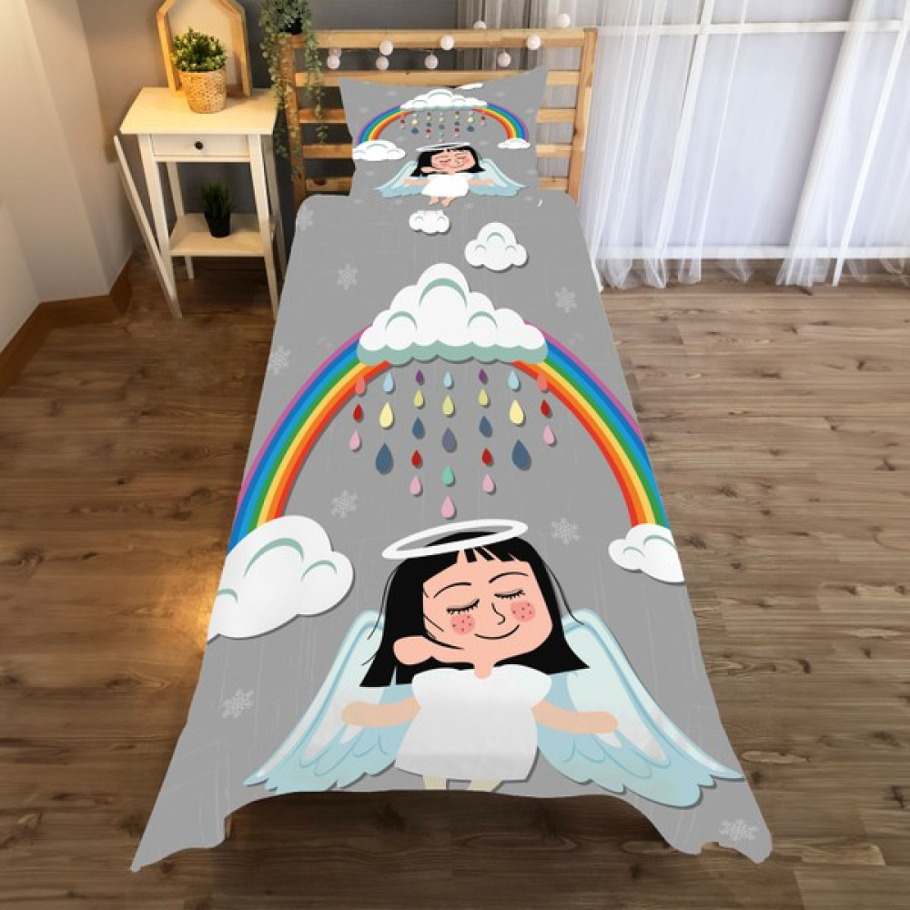 Evan Home Gökkuşağı Kızı Desenli Yatak Örtüsü ve Yastık Kılıfı 2li Takımı - 140 x 220 cm - Gri Yatak Örtüsü Fiyatı