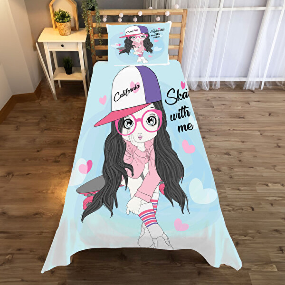 Evan Home Güzel Kız Desenli Yatak Örtüsü ve Yastık Kılıfı 2li Takımı - 140 x 220 cm - Açık Mavi Yatak Örtüsü Fiyatı