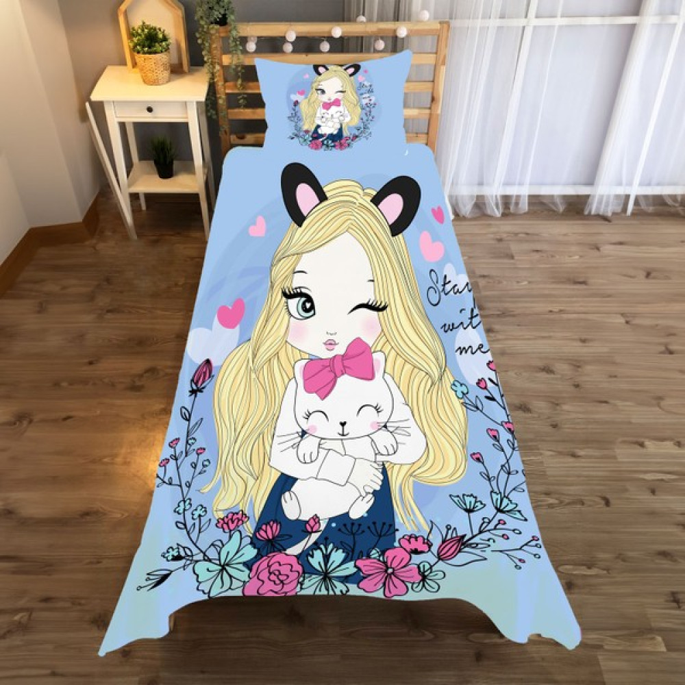 Evan Home Kedi Tutan Kız Desenli Yatak Örtüsü ve Yastık Kılıfı 2li Takımı - 140 x 220 cm - Açık Mavi Yatak Örtüsü Fiyatı