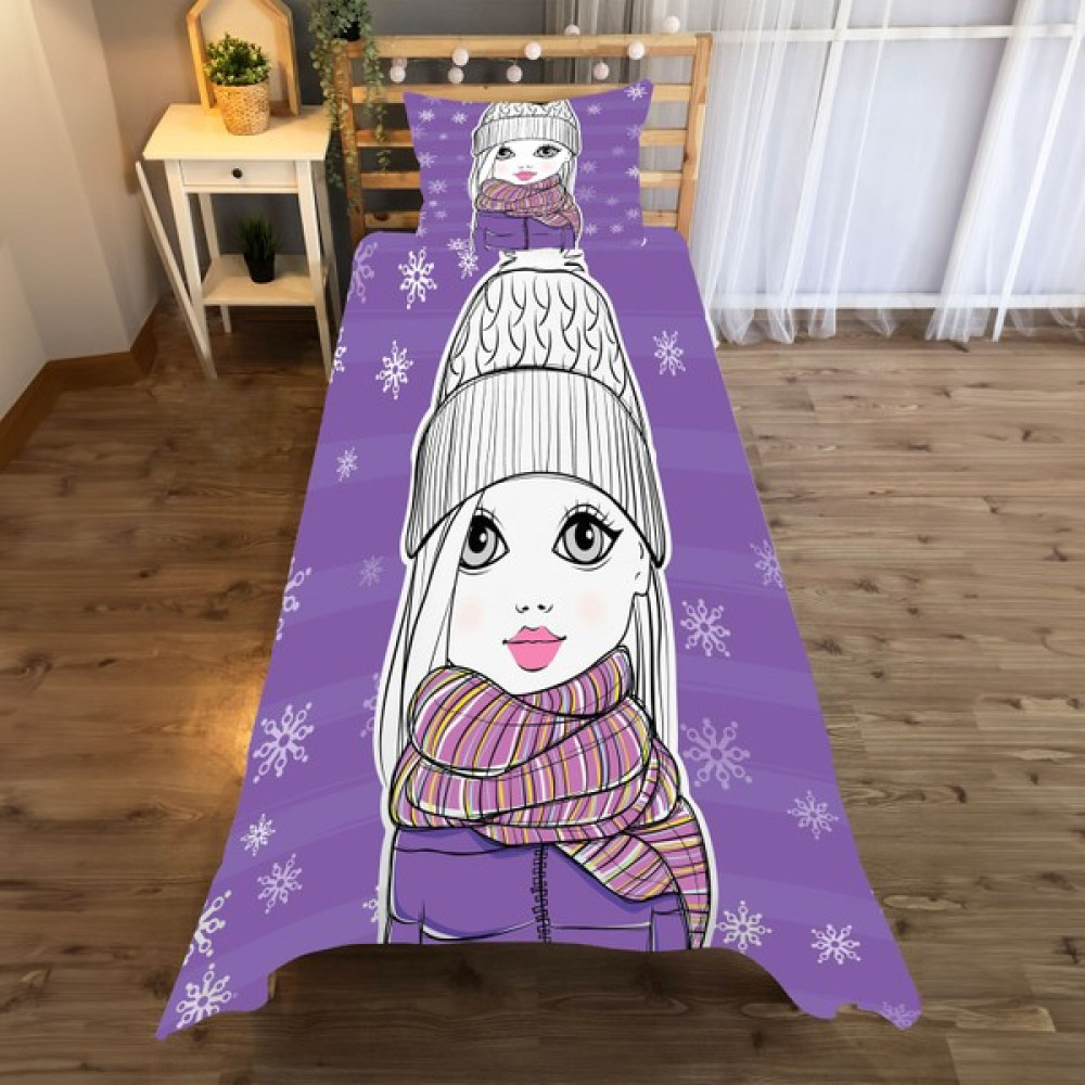 Evan Home Kışlık Giysili Kız Desenli Yatak Örtüsü ve Yastık Kılıfı 2li Takımı - 140 x 220 cm - Leylak Yatak Örtüsü Fiyatı