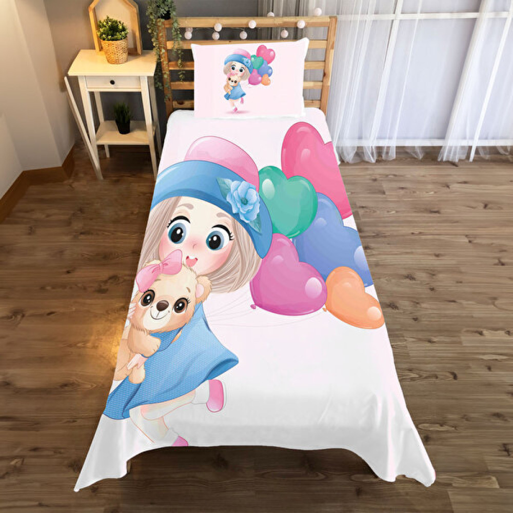 Evan Home Küçük Ayı ile Sevimli Kız Desenli Yatak Örtüsü ve Yastık Kılıfı 2li Takımı - 140 x 220 cm - Açık Pembe Yatak Örtüsü Fiyatı