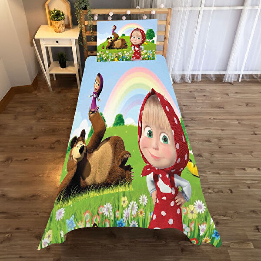 Evan Home Maşa ile Koca Ayı Desenli Yatak Örtüsü ve Yastık Kılıfı 2li Takımı - 140 x 220 cm - Renkli Yatak Örtüsü Fiyatı