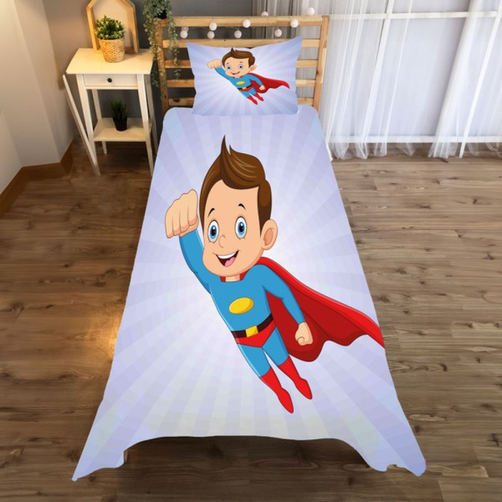 Evan Home Süper Kahraman Desenli Yatak Örtüsü ve Yastık Kılıfı 2li Takımı - 140 x 220 cm - Açık Mavi Yatak Örtüsü Fiyatı