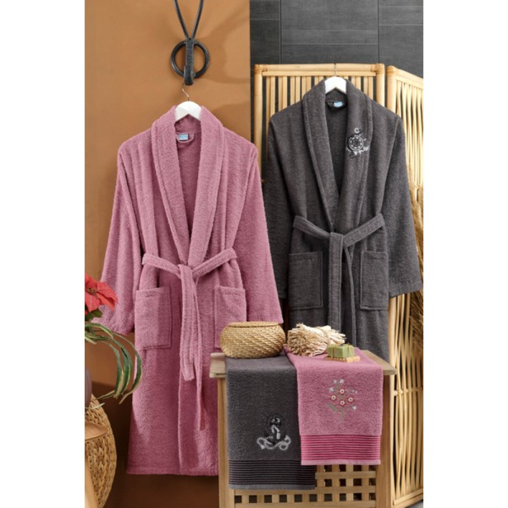 Evanora %100 Pamuk Nakışlı Baş Havlulu Bornoz 4'lü Set Çeyiz Seti Hamam Seti Banyo Seti - Antrasit - Mürdüm - L - XL Bornoz Fiyatı