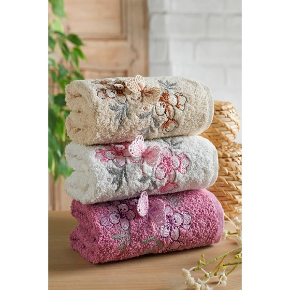 Evanora Adelina Butterfly Fluffy Nakışlı Çeyizlik Pamuklu 3 Adet 30 x 50 El Yüz Mutfak Havlusu Çeyiz Seti - 30 x 50 cm - Mürdüm - Bej El / Yüz Havlusu Fiyatı