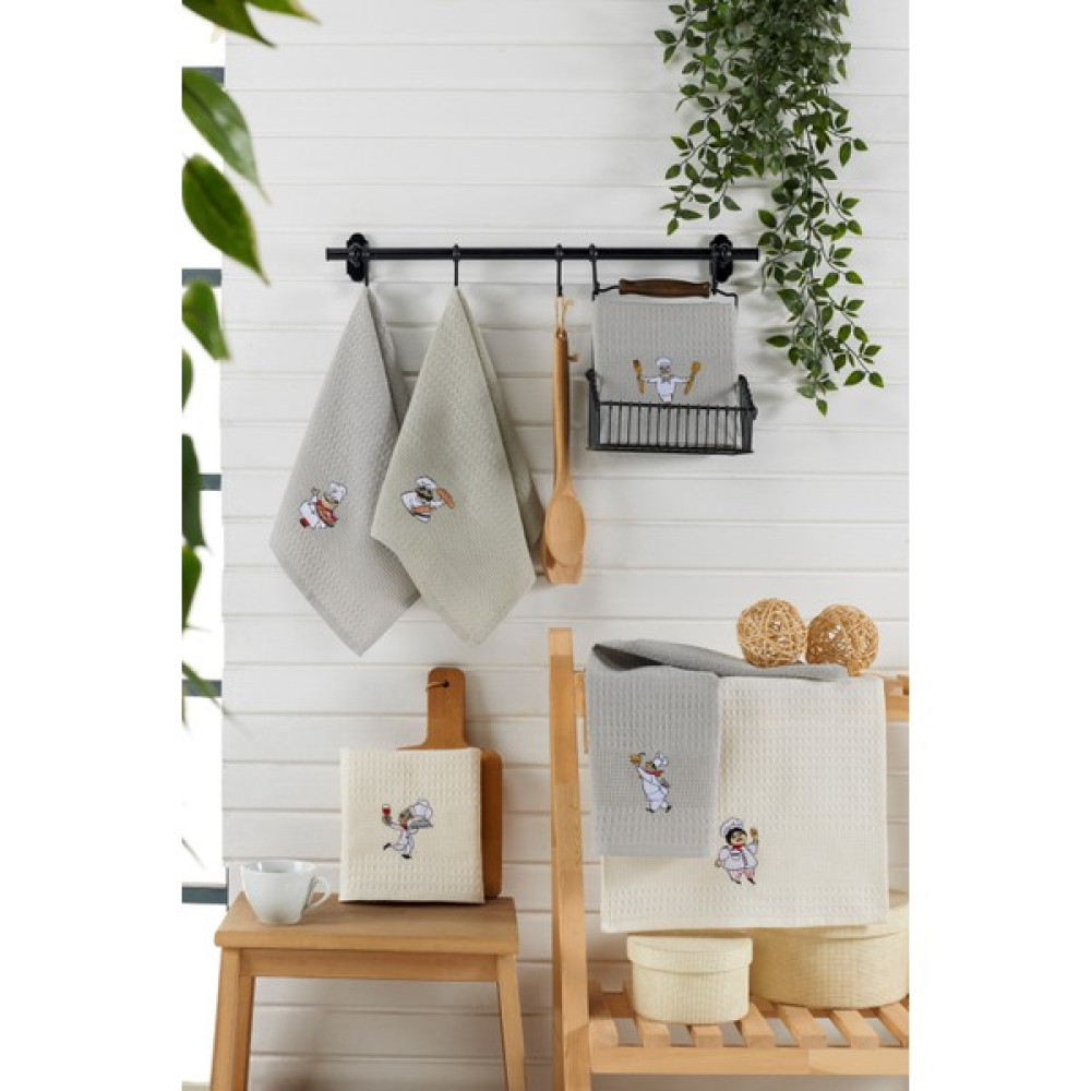 Evanora Adelina Kitchen Coffee Set 6 Adet Pamuklu Nakışlı Desenli Mutfak Havlusu Kurulama Bezi 40 x 60 - 40 x 60 cm - Gri - Ekru El / Yüz Havlusu Fiyatı