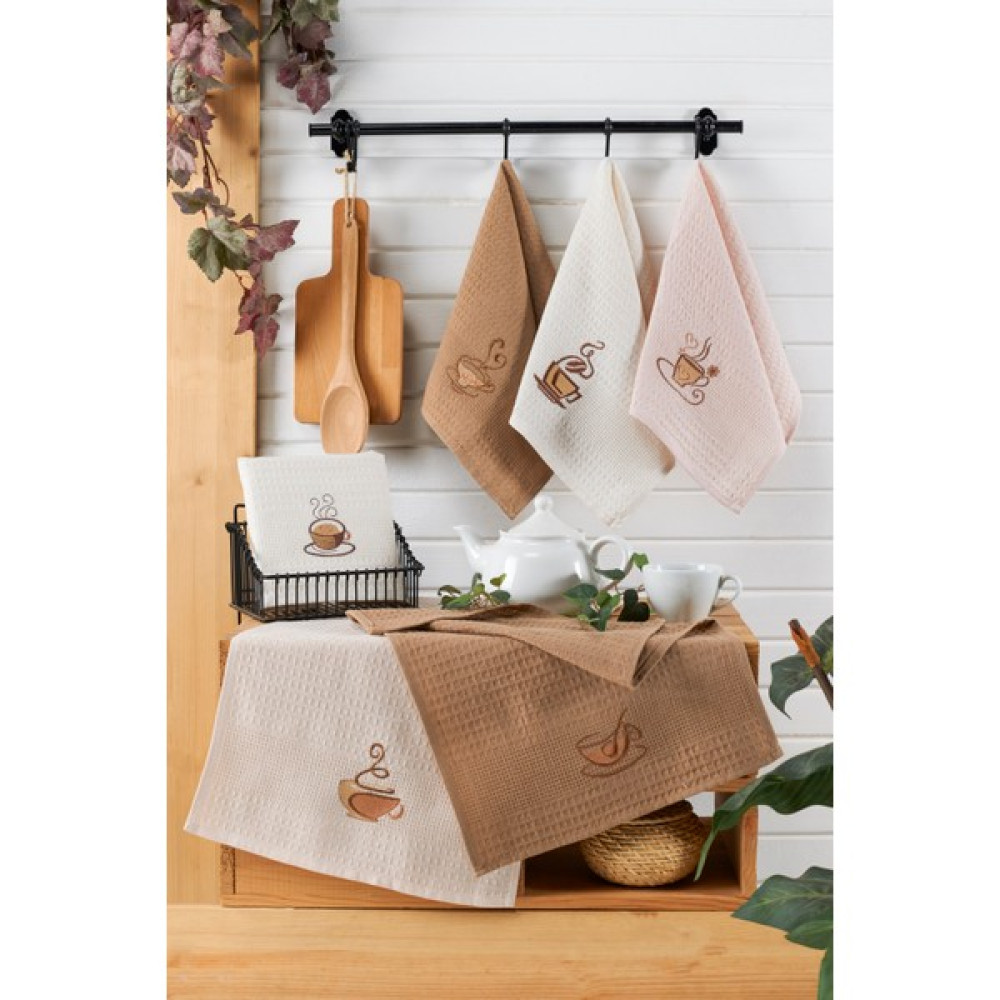 Evanora Adelina Kitchen Coffee Set 6 Adet Pamuklu Nakışlı Desenli Mutfak Havlusu Kurulama Bezi 40 x 60 - 40 x 60 cm - Kahve - Krem El / Yüz Havlusu Fiyatı
