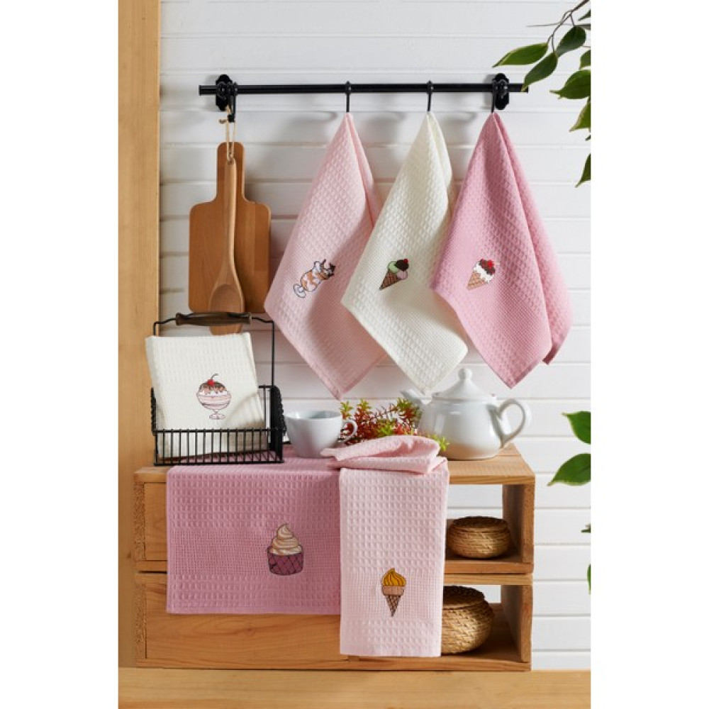 Evanora Adelina Kitchen Coffee Set 6 Adet Pamuklu Nakışlı Desenli Mutfak Havlusu Kurulama Bezi 40 x 60 - 40 x 60 cm - Somon - Beyaz El / Yüz Havlusu Fiyatı