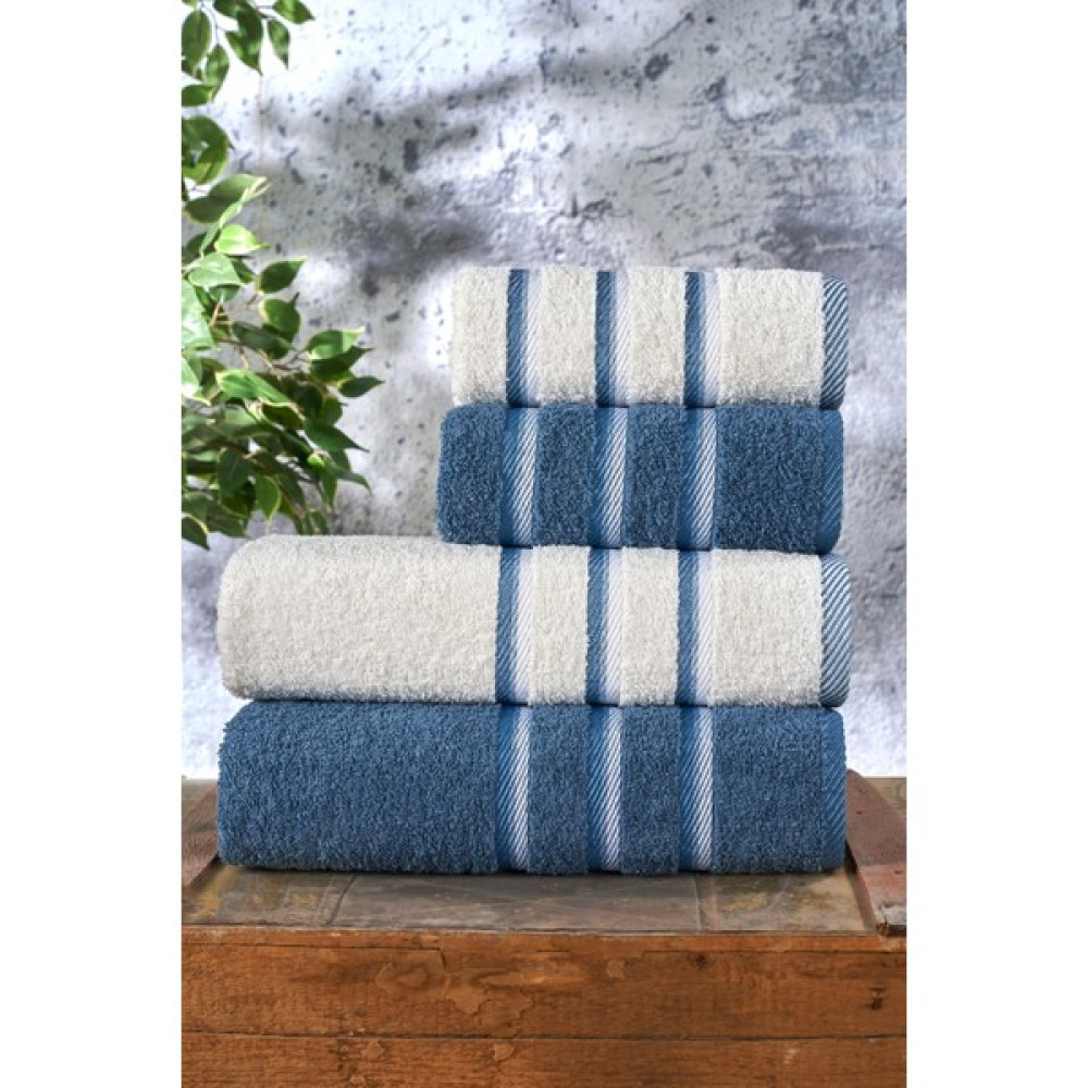 Evanora Almira %100 Pamuk 4 Adet Soft Banyo Havlu Seti Çeyiz Seti Hamam Seti Evohavluseti - 70 x 140 cm - 50 x 90 cm - Mavi - Krem El / Yüz Havlusu Fiyatı