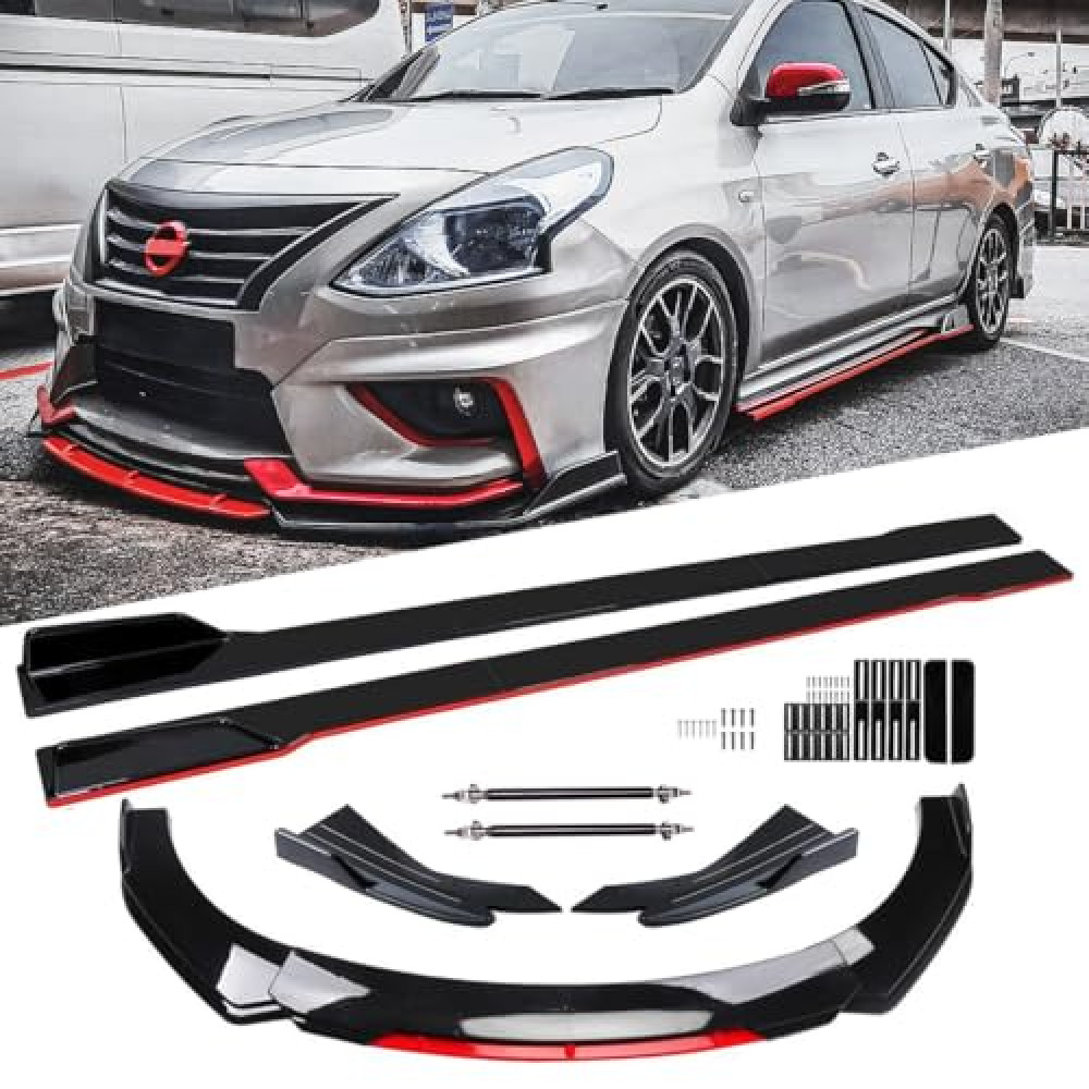 Evargc Black & Red Universal 69" - 73" Adjustable Car Front Bumper Lip Splitter Chin Spoiler Body Kit with 86.6" Side Skirt Extension Rocker Panel and Rear Bumper Lip Diffuser Compatible Most Vehicle