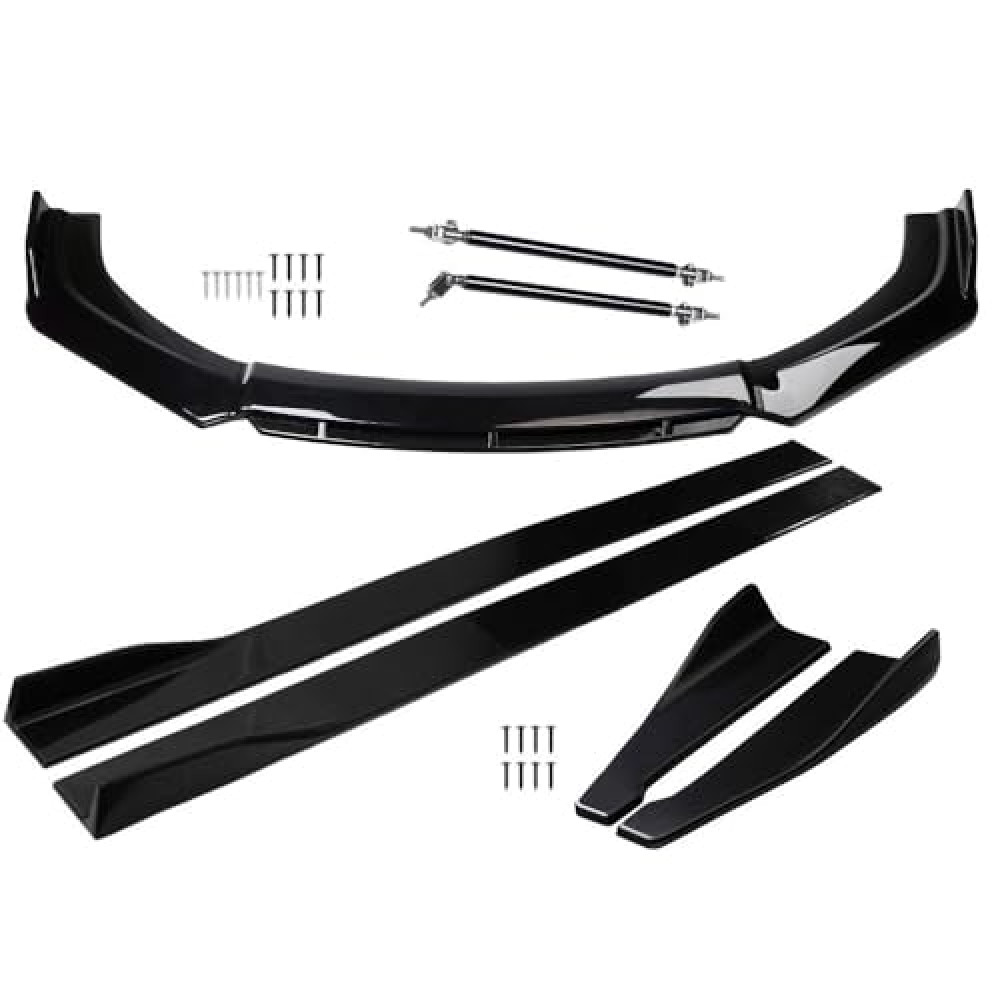 Evargc Universal 71.26'' Car Front Bumper Lip Spoiler Body Kits + 78.74"/ 2M Car Side Skirt Extension Rocker Panel Body Kit + 18.9" Auto Rear Lip + Adjustable 8-11" Splitter Rods （Black