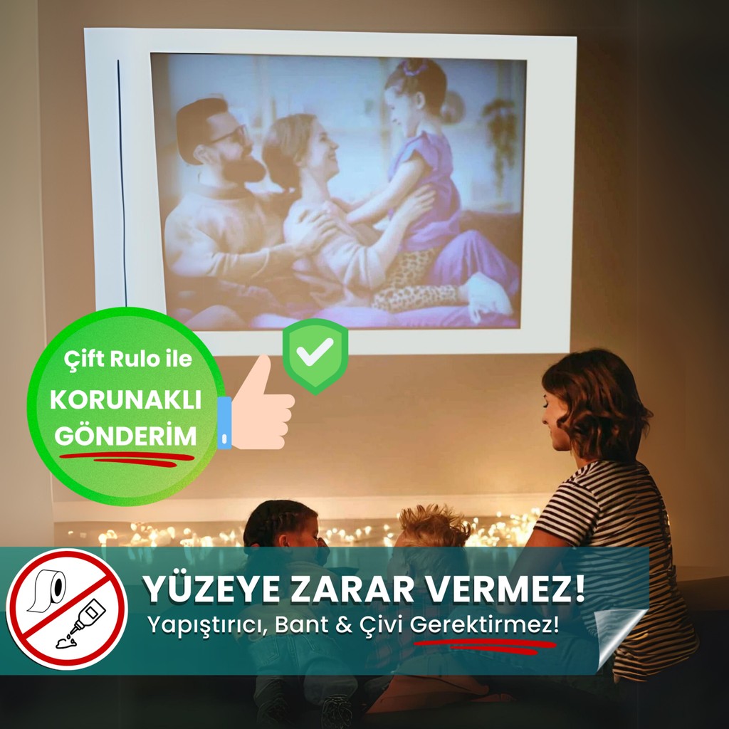 Evbuya 150X220 cm Projeksiyon Perdesi, Korunaklı Gönderim, Ev Sineması, Yapışkansız Duvar Perdesi - 150 x 220 cm Perde Fiyatı