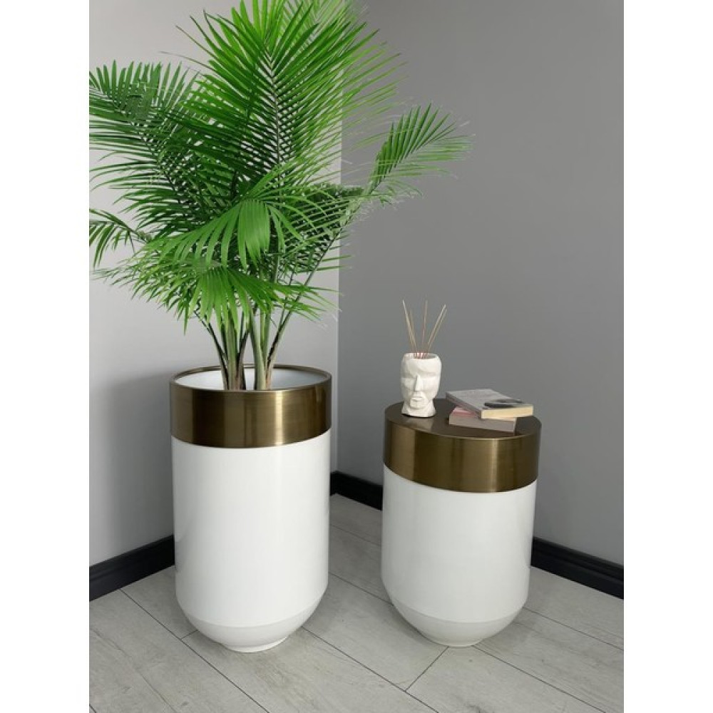 Evden İste Dekoratif Eskitme Darbuka Parlak Beyaz Saksı 70 cm + Sehpa 60 cm İkili Set Saksı ve Aksesuarları Fiyatı