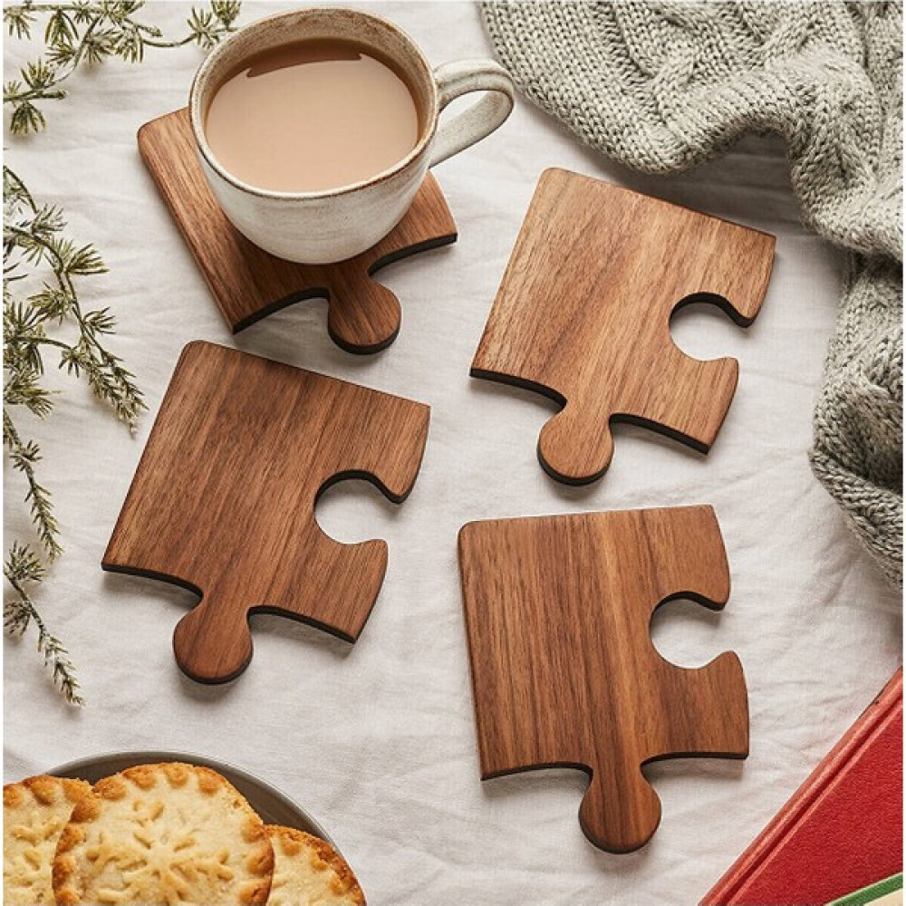 Evdeucuz Ahşap Desenli Puzzle Mdf Bardak Altlığı 4'lü Set - Kahverengi - 10 cm Hediyelik Eşya Fiyatı