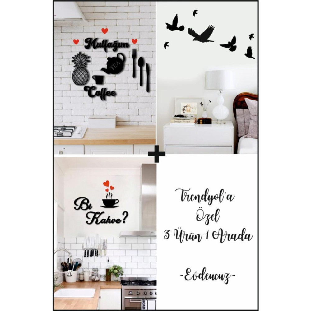 evdeucuz Mutfağım+bi Kahve +7li Kuş Duvar Dekoru 3 Ürün 1 Arada 100 x 100 Beden Ev & Dekorasyon Aksesuarları Fiyatı