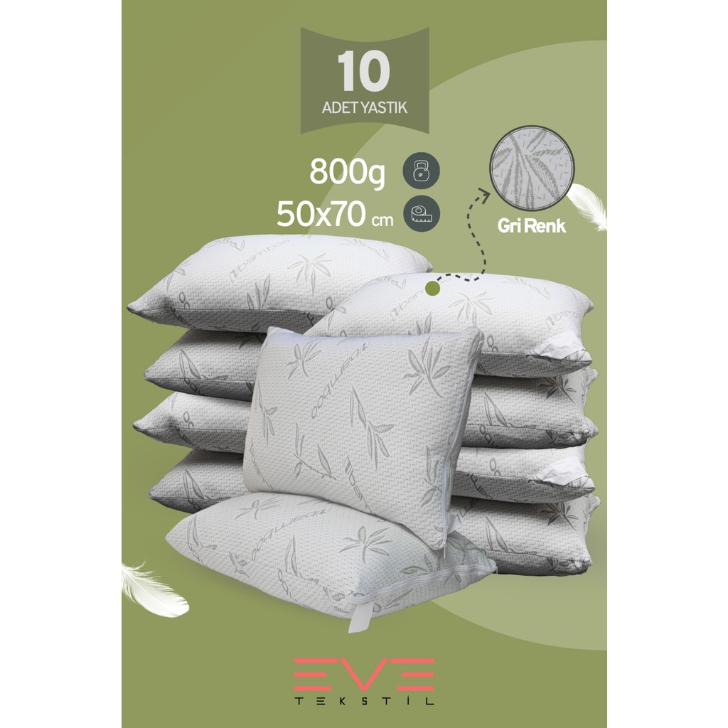 Eve Tekstil 10 Adet Bamboo Gri Serisi Kılıflı Fermuarlı Yıkanabilir Antialerjik Silikon Elyaf Yastık 50 x 70 cm 800 gr - 50 x 70 cm - Yeşil Yastık Kılıfı Fiyatı
