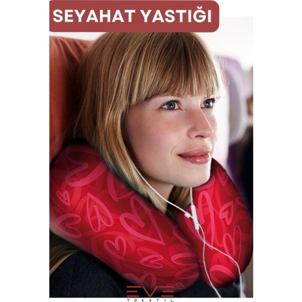 Eve Tekstil Ortopedik Seyahat Yastığı Visco Boyun Destekli Seyahat Yastığı Hipoalerjik Love Desenli - 35 x 35 cm - Kırmızı Diğer Fiyatı