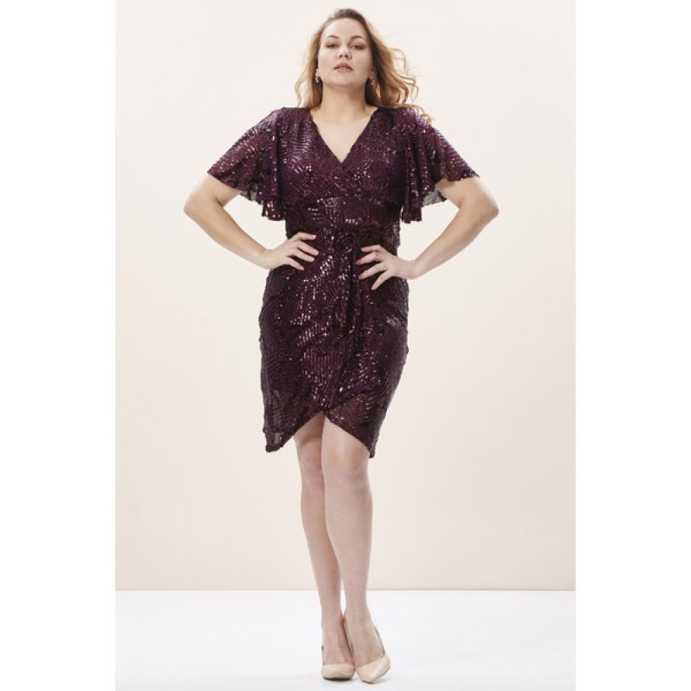 Even Plus Size Büyük Beden Kısa Bordo Payetli Kruvaze Abiye Elbise 42 Beden Elbise Fiyatı