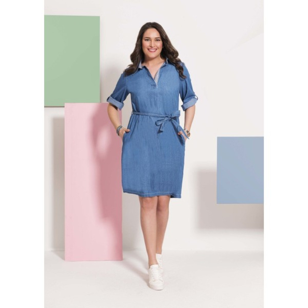 Even Plus Size Yakası Şeritli Kot Büyük Beden Elbise 46 Beden Elbise Fiyatı