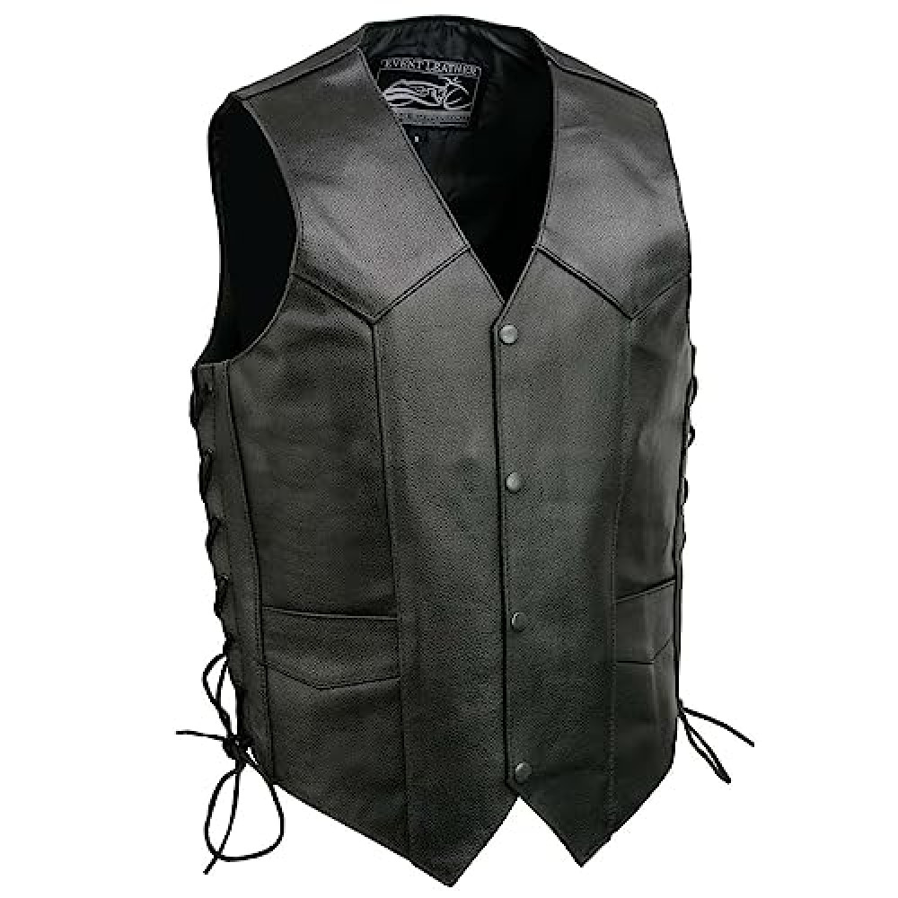 Event Leather EL5315 Black Motorcycle Leather Vest for Men w/Side Lace- Riding Club Adult Motorcycle Vests - 2X-Large