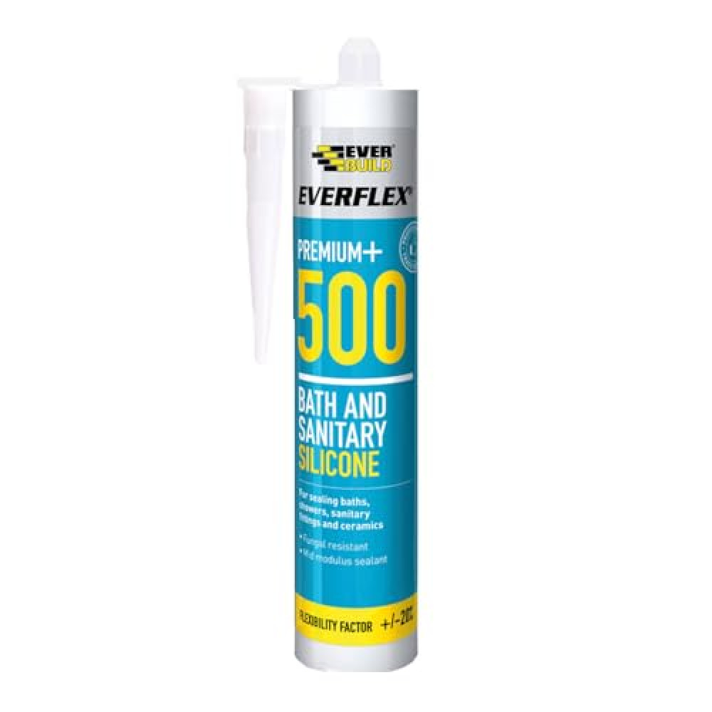 Everbuild Everflex 500 Bath And Sanitary Silicone – Interior And Exterior Application – Anti-Fungal – Quick Curing – White – 295ml Cartridge