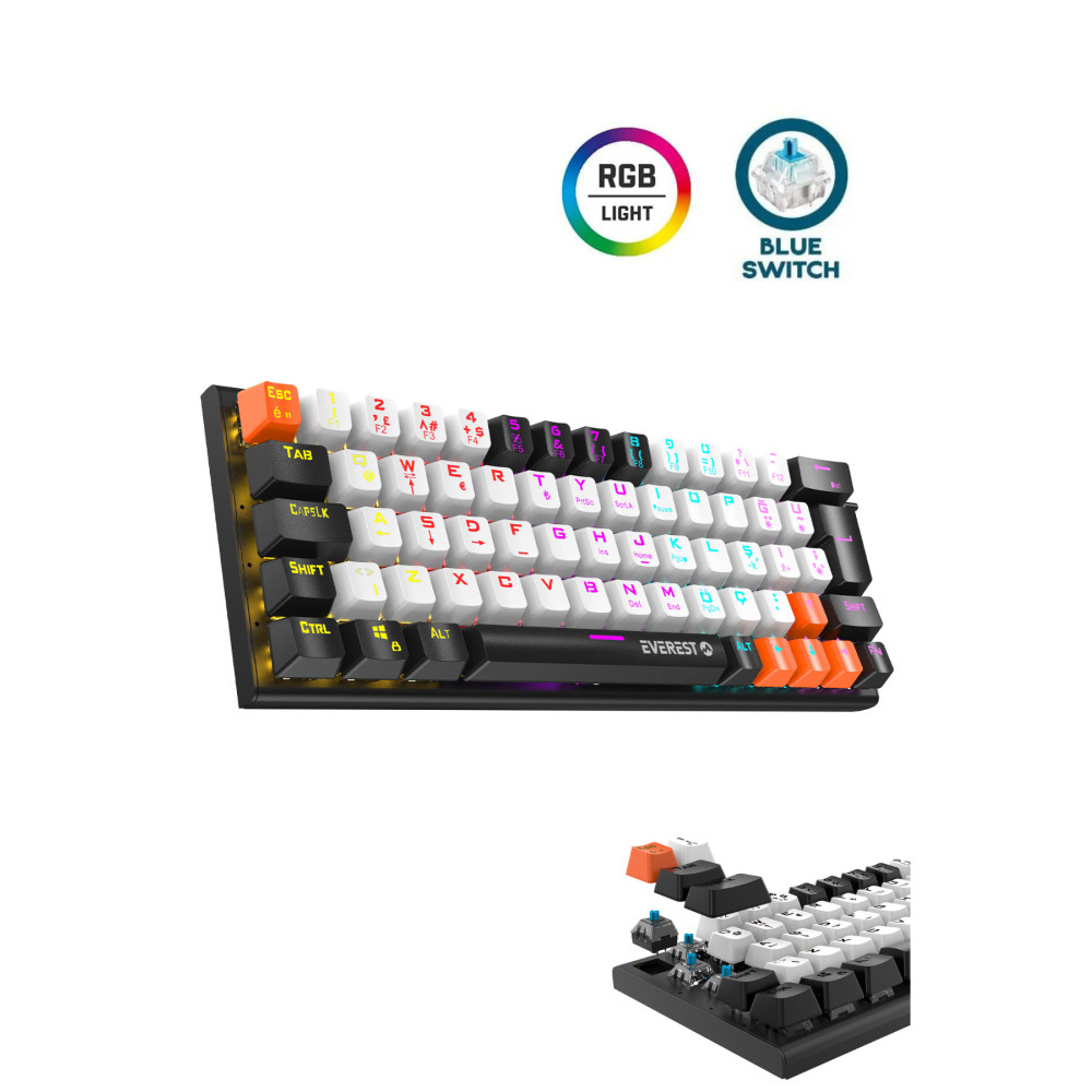 Everest Siyah/Beyaz Rainbow Aydınlatmalı Türkçe Q Blue Switch Mekanik Kablolu Gaming Oyuncu Klavyesi Oyuncu Klavyesi Fiyatı