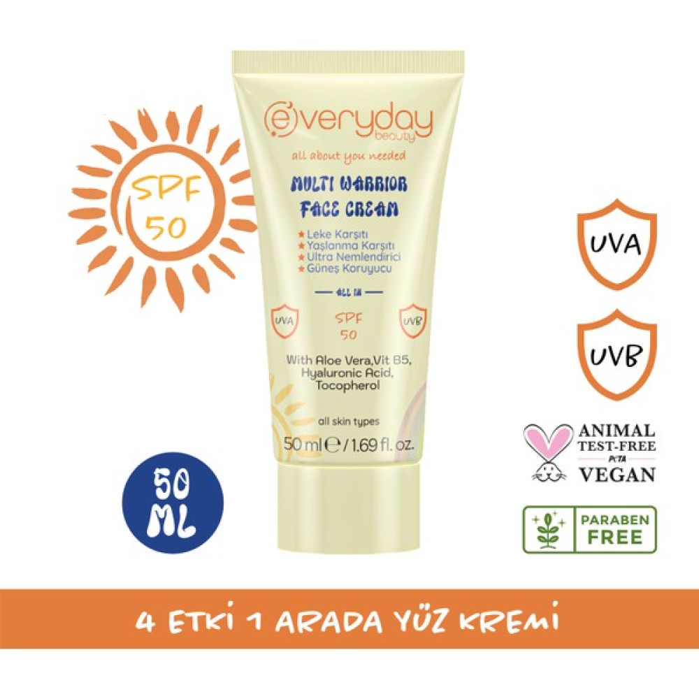 Everyday Beauty Multi Warrior SPF50 Leke ve Yaşlanma Karşıtı Nemlendirici Uva - Uvb Güneş Koruma 4 Etkili Yüz Kremi, Tüm Ciltler İçin 50 ml Nemlendiriciler Fiyatı