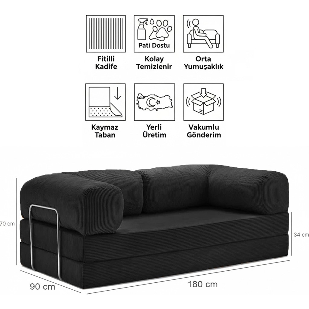 Evessan 90X180 Kanepe - Fitilli Kadife Yıkanır Silinir Pratik Yer Yatağı 90X180CM - Antrasit Kanepe & Çekyat Fiyatı