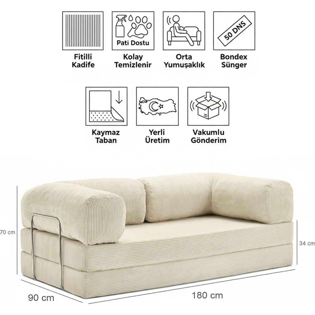 Evessan 90X180 Kanepe - Fitilli Kadife Yıkanır Silinir Pratik Yer Yatağı 90X180CM - Bej Kanepe & Çekyat Fiyatı