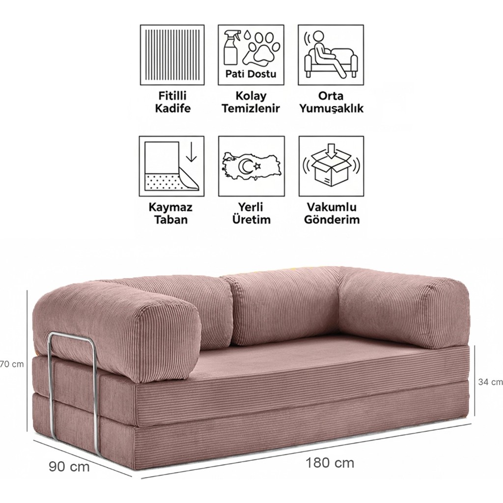 Evessan 90X180 Kanepe - Fitilli Kadife Yıkanır Silinir Pratik Yer Yatağı 90X180CM - Gül Kurusu Kanepe & Çekyat Fiyatı