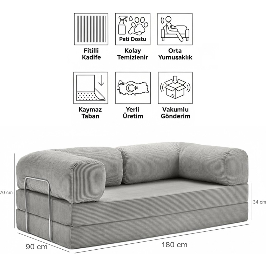 Evessan 90X180 Kanepe - Fitilli Kadife Yıkanır Silinir Pratik Yer Yatağı 90X180CM - Gümüş - Gri Kanepe & Çekyat Fiyatı