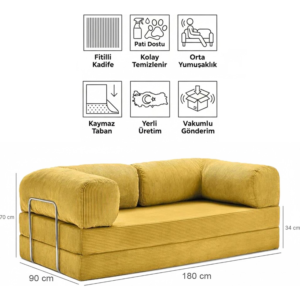 Evessan 90X180 Kanepe - Fitilli Kadife Yıkanır Silinir Pratik Yer Yatağı 90X180CM - Hardal Kanepe & Çekyat Fiyatı