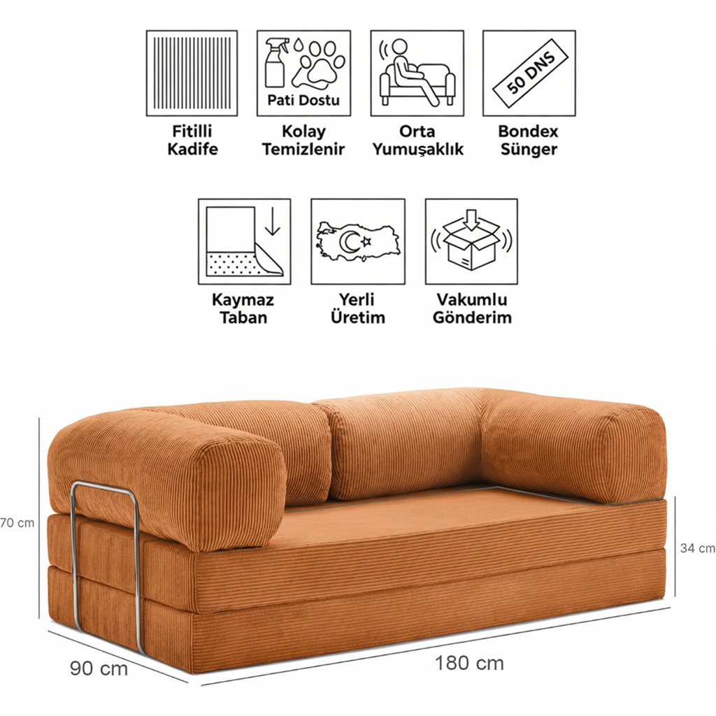 Evessan 90X180 Kanepe - Fitilli Kadife Yıkanır Silinir Pratik Yer Yatağı 90X180CM - Kiremit Kanepe & Çekyat Fiyatı