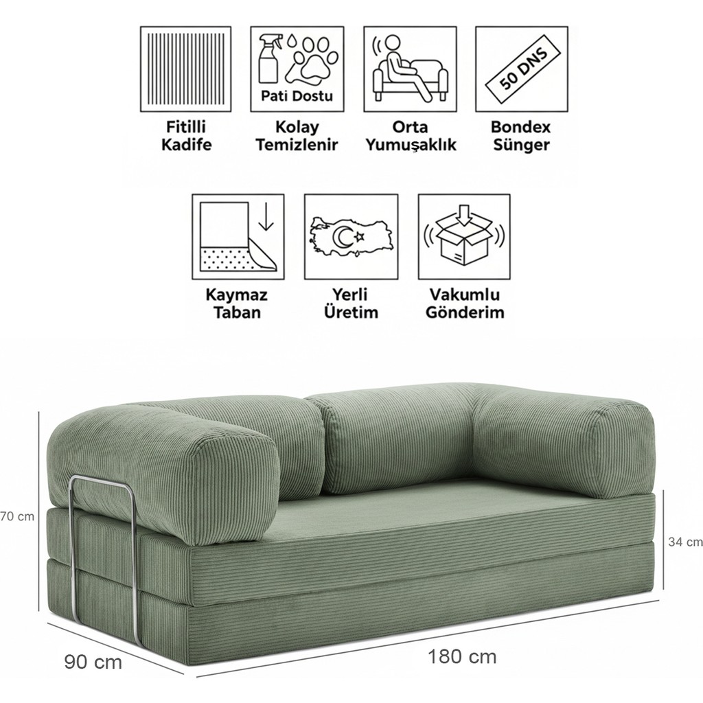 Evessan 90X180 Kanepe - Fitilli Kadife Yıkanır Silinir Pratik Yer Yatağı 90X180CM - Yeşil Kanepe & Çekyat Fiyatı