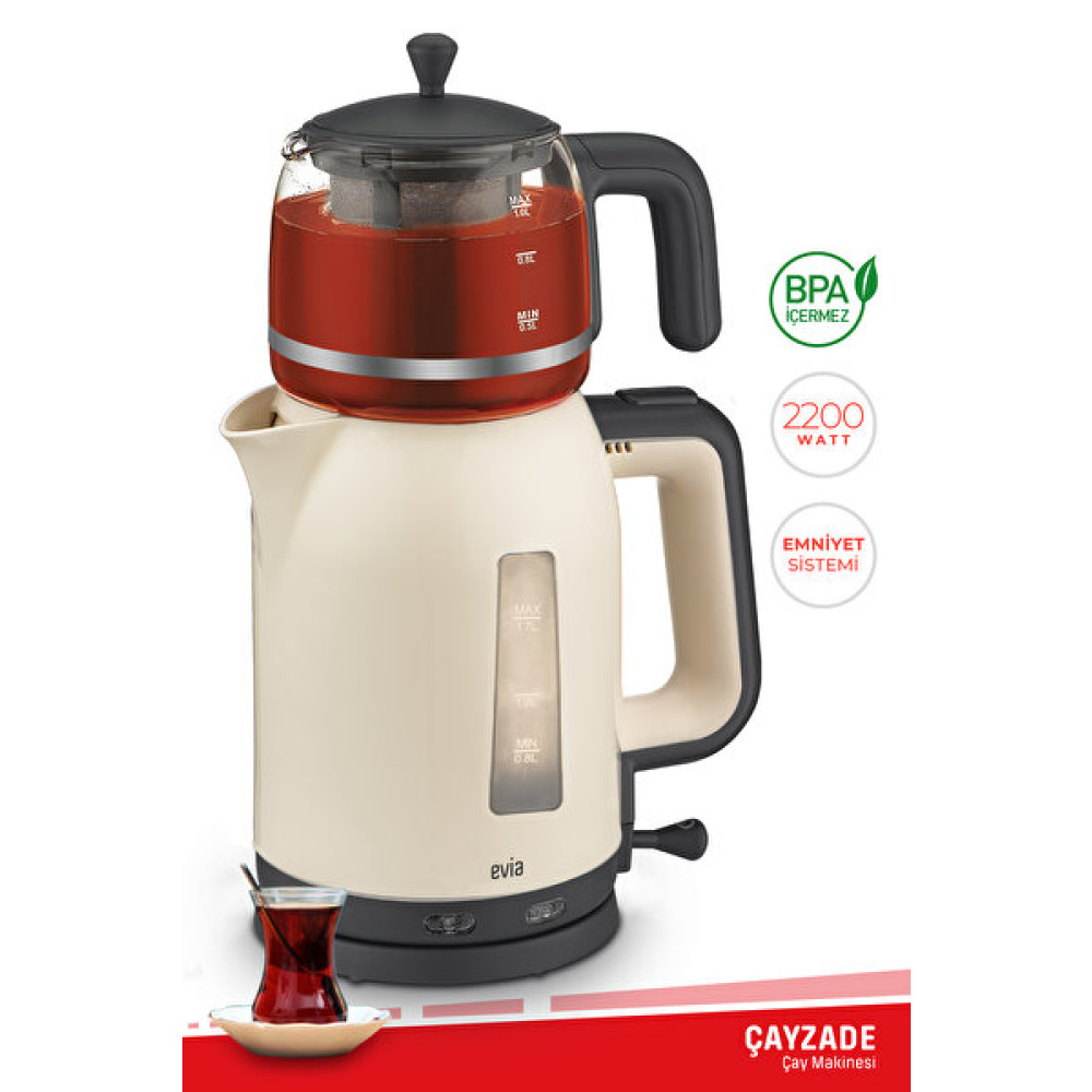 Evia Çayzade Ea-4308J 1.7 L 2200 W Cam Demlikli Krem Çay Makinesi ve Su Isıtıcısı Çay Makineleri Fiyatı