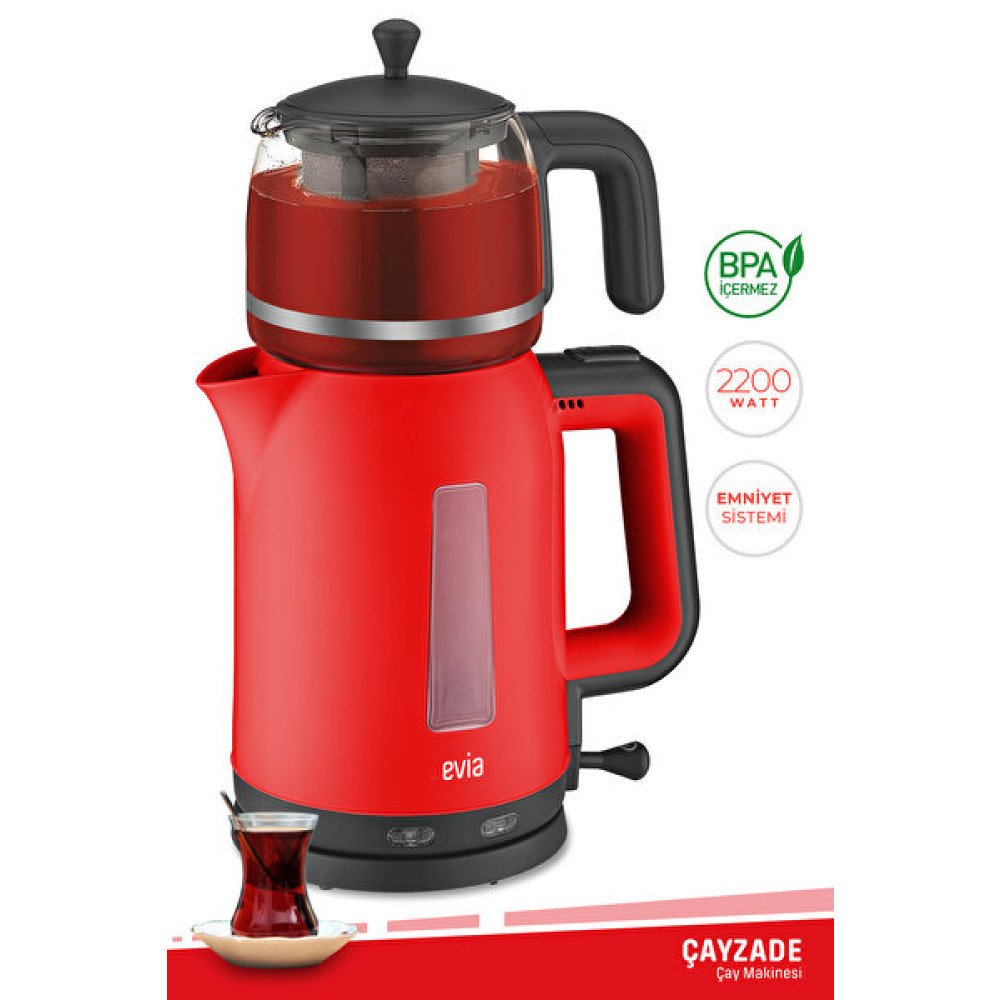 Evia Çayzade Ea-4308K 1.7 L 2200 W Cam Demlikli Kırmızı Çay Makinesi ve Su Isıtıcısı Çay Makineleri Fiyatı