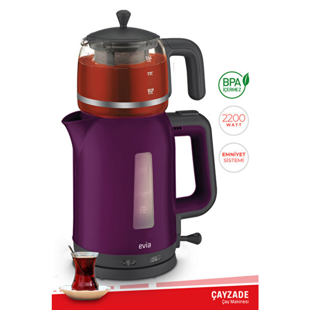Evia Çayzade Ea-4308M 1.7 L 2200 W Cam Demlikli Mor Çay Makinesi ve Su Isıtıcısı Çay Makineleri Fiyatı