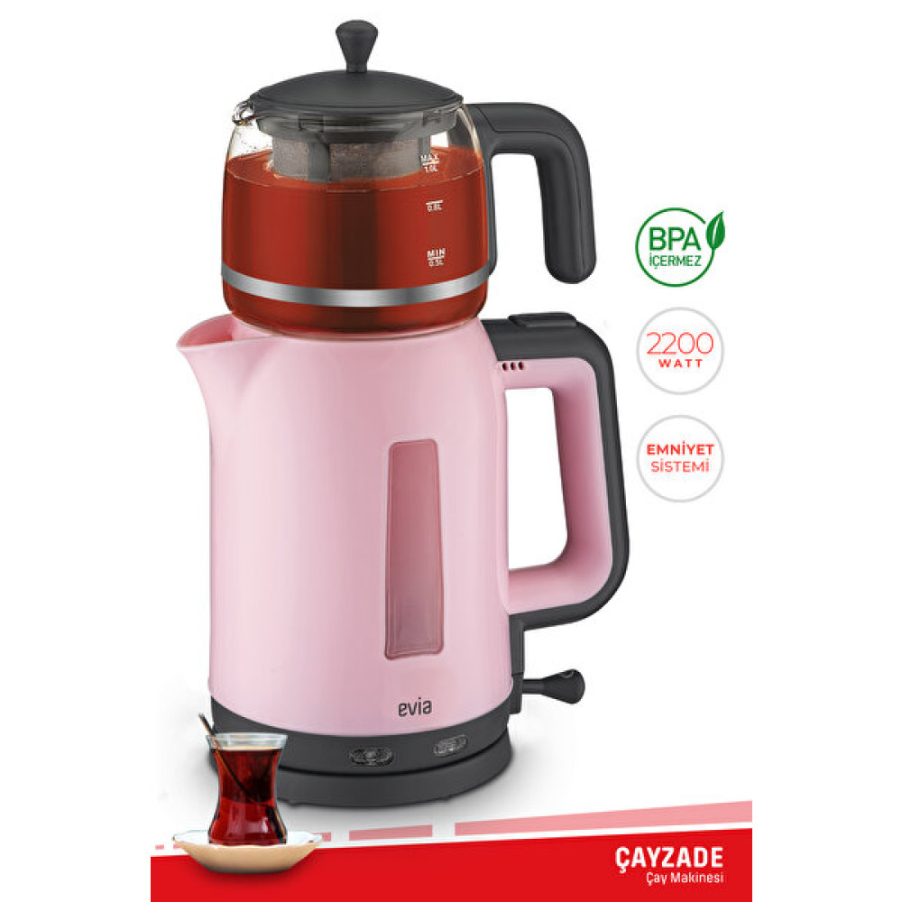 Evia Çayzade Ea-4308P 1.7 L 2200 W Cam Demlikli Pembe Çay Makinesi ve Su Isıtıcısı Çay Makineleri Fiyatı
