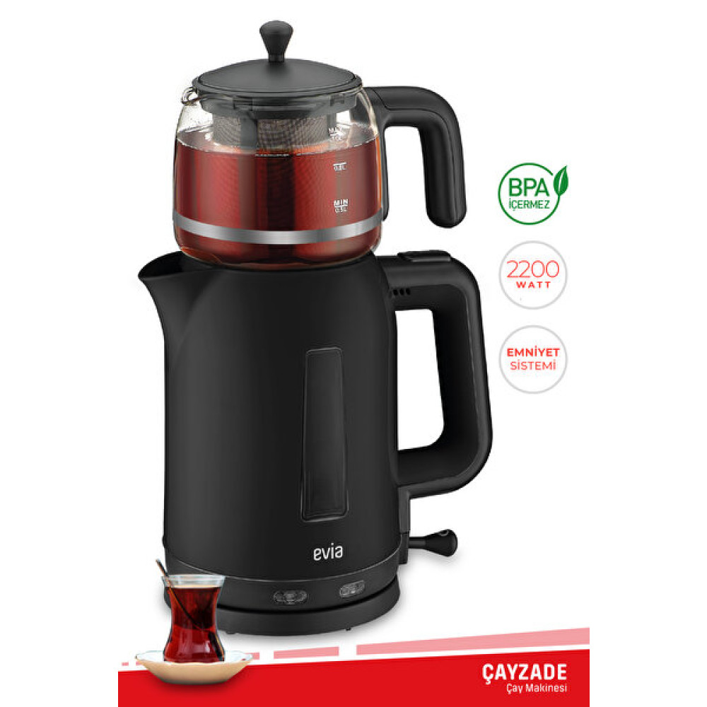 Evia Çayzade Ea-4308S 1.7 L 2200 W Cam Demlikli Siyah Çay Makinesi ve Su Isıtıcısı Çay Makineleri Fiyatı