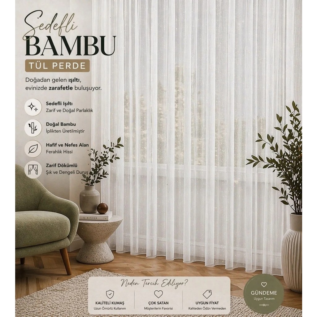 evihtiyaclarim by IOC Sedefli Lüx Bambu Model Tül Perde Kırışmaz 1/2 Seyrek Pileli Ağır ve Tok Özel Ölçü - Ekru - 100 x 190 cm Tül Perde Fiyatı