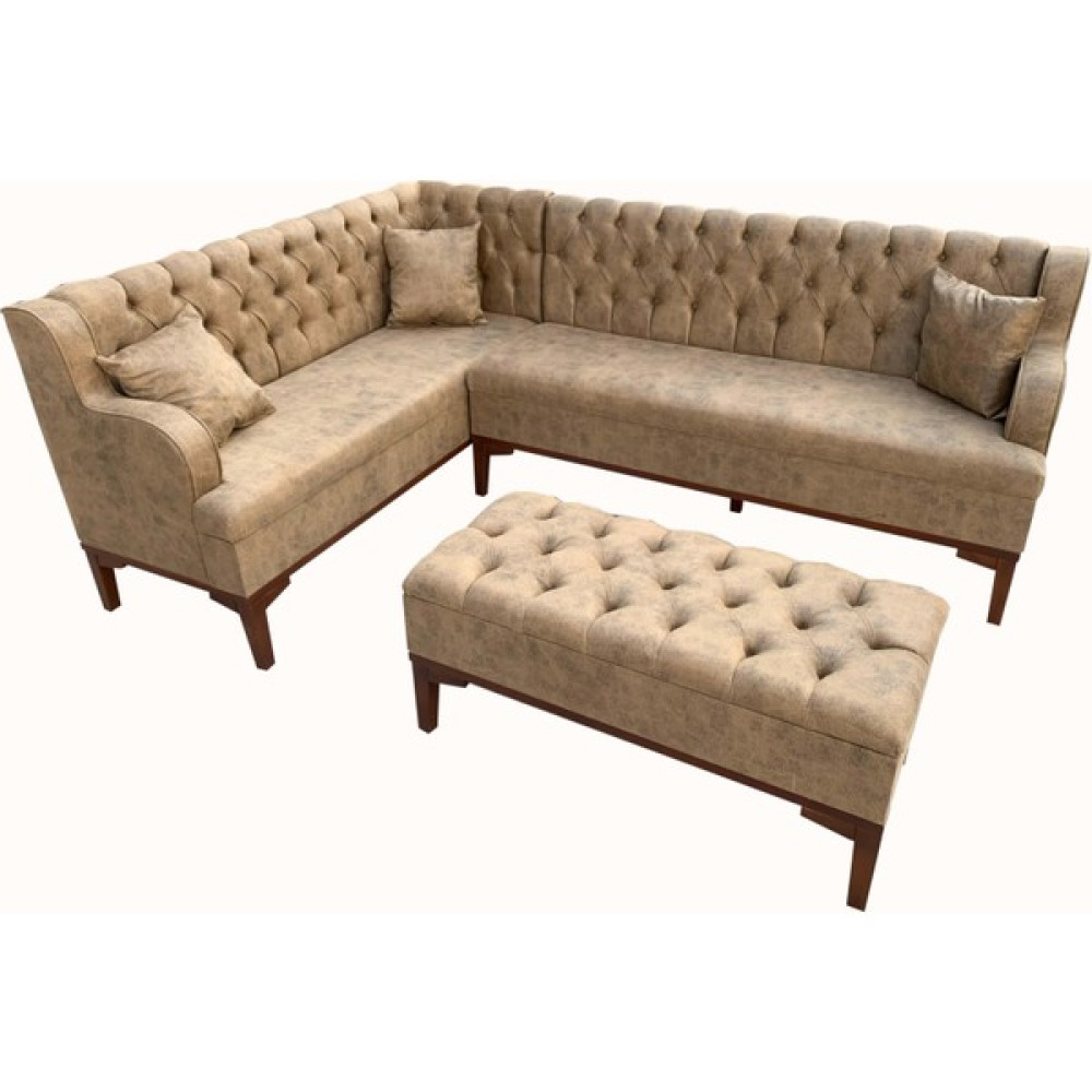 Evim-E Aksesuar 160X220 cm Chester Yarım Kollu Mutfak Köşesi-Tamamı Ağaç Iskeletli-Kapitoneli-Puflu - 160 x 220 cm - Kahve Mutfak Dolabı / Mobilyası Fiyatı